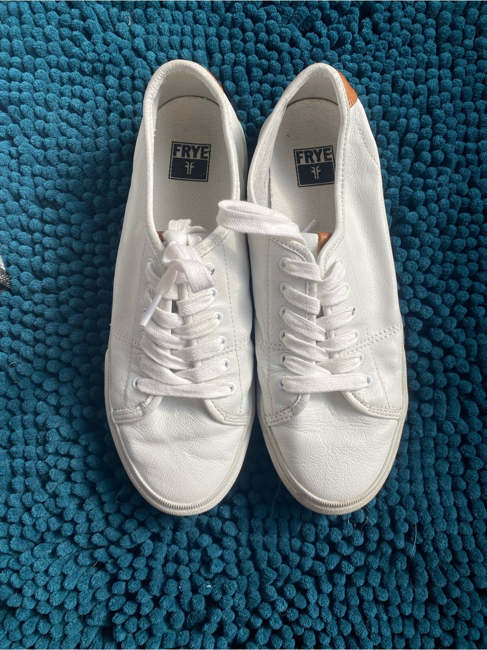 FRYE White Sneakers with Tan Heel Accent